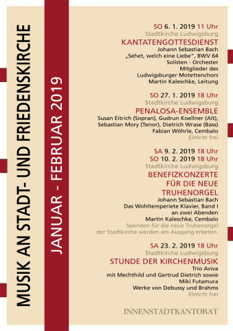 Plakat zu Veranstaltungen in Jan und Feb. 2019 in der Stadtkirche und der Friedenskirche in Ludwigsburg
